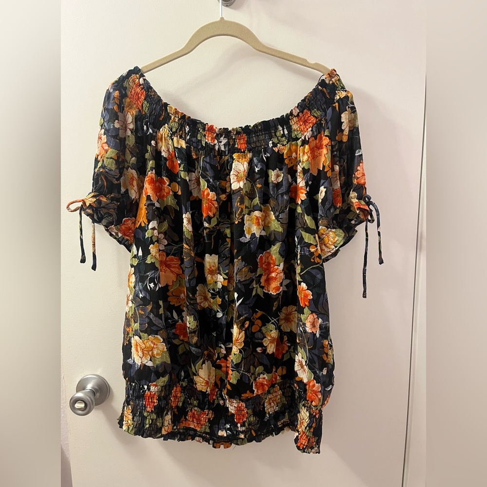 Sweet Rain Floral Off-Shoulder Blouse - Black, Orange, Green NWOT! 3X